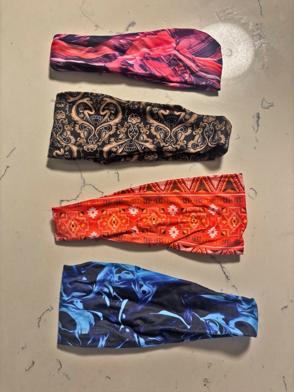 Set of 4 Patterned Stretch Headbands, Head Wraps - Pink, Black, Orange, Blue